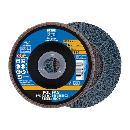 Pferd 5" x 7/8" A.H. POLIFAN Flap Disc - Z PSF STEELOX, Zirconia, 60 Grit, Conical 63032